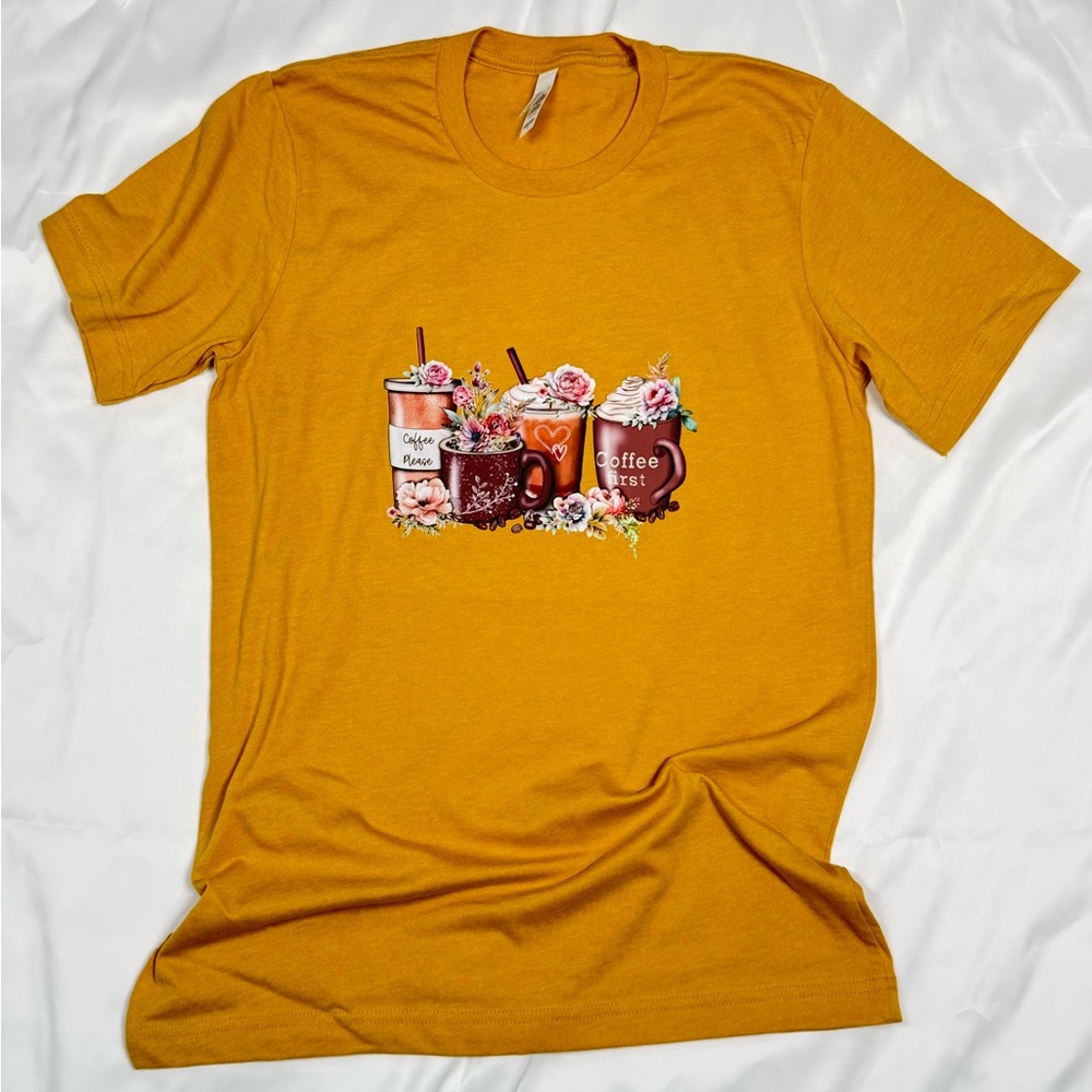 Bella Canvas Mustard Yellow Floral Coffee Graphic Tee